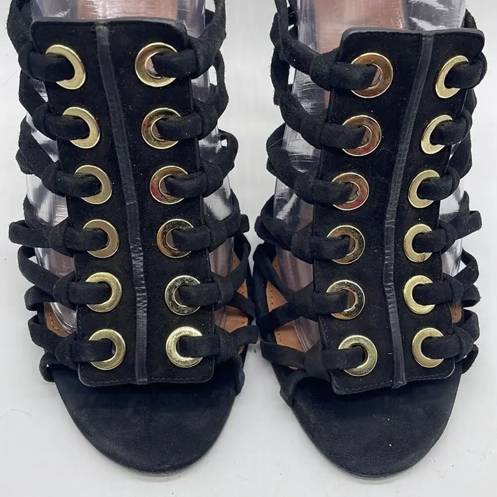 Givenchy Zenaide Black Suede Nautical Eyelet Heels Caged Gladiator Size 38 8